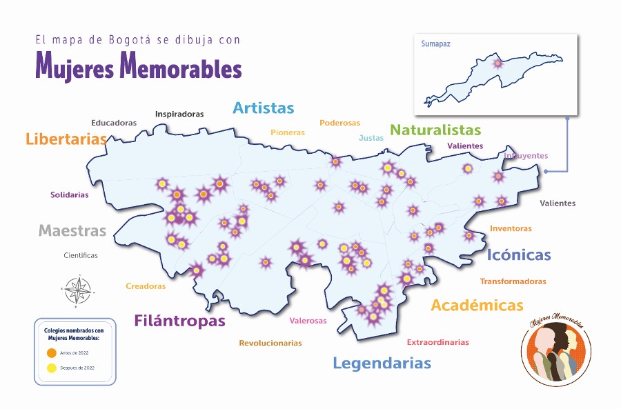 Mapa con los puntos en los que se ubican la totalidad de colegios que llevan o llevarán nombre de Mujer Memorable